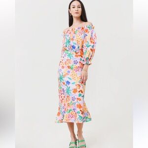 Saloni Grace Silk Floral Off the Shoulder Midi Dress NWOT